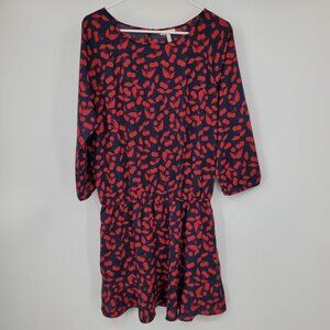 Joie‎ Navy Blue and Red Elasticized Drop Waist Novelty Cherry Print Dress Medium